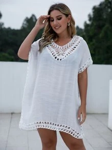 Swim Lushoire Summer Beach Plus Contrast Crochet Cover Up - White - View 3