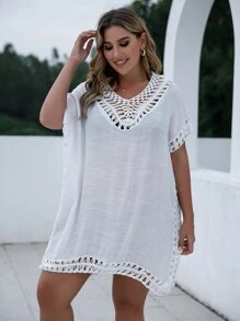 Swim Lushoire Summer Beach Plus Contrast Crochet Cover Up - White - View 4