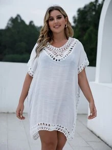 Swim Lushoire Summer Beach Plus Contrast Crochet Cover Up - White - View 5
