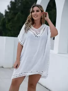 Swim Lushoire Summer Beach Plus Contrast Crochet Cover Up - White - View 6