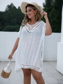 Swim Lushoire Summer Beach Plus Contrast Crochet Cover Up - White - View 7