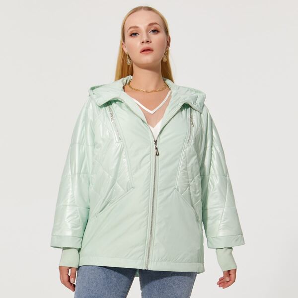 

Plus Zip Detail Argyle Quilted Winter Coat, Mint green