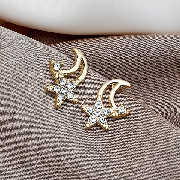 

Rhinestone Decor Moon Earrings, Gold