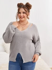 SHEIN Unity Áo len Plus Size Cắt ra màu trơn Giải trí - Xám - Xem 1