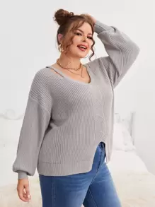 SHEIN Unity Áo len Plus Size Cắt ra màu trơn Giải trí - Xám - Xem 3
