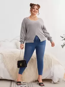 SHEIN Unity Áo len Plus Size Cắt ra màu trơn Giải trí - Xám - Xem 4