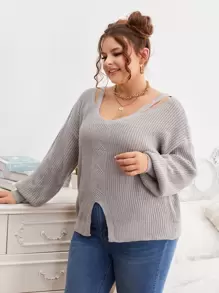 SHEIN Unity Áo len Plus Size Cắt ra màu trơn Giải trí - Xám - Xem 5