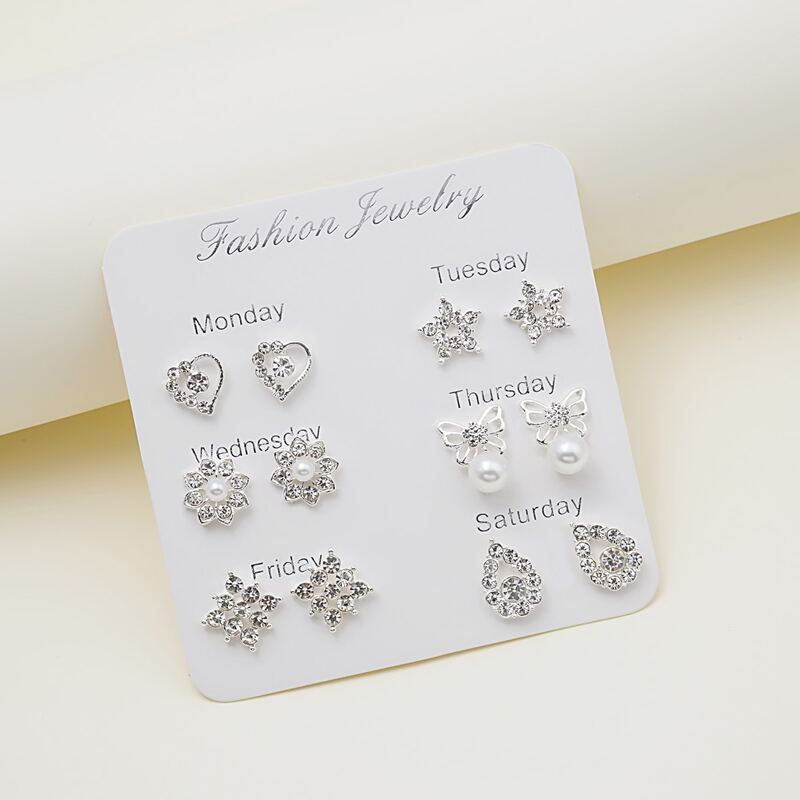 

6pairs Rhinestone Decor Earrings, Silver