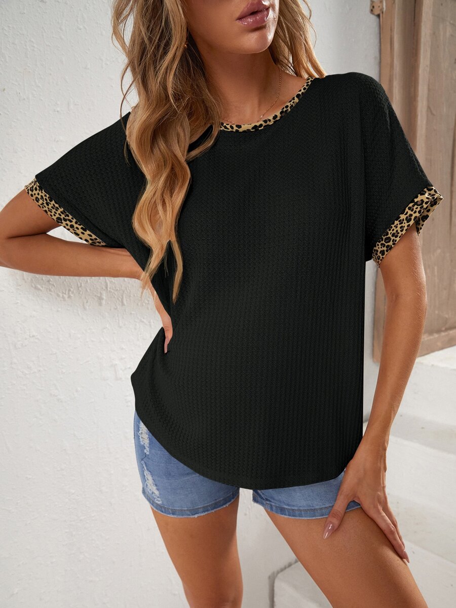 SHEIN Maternity Leopard Trim Waffle Knit Tee - Black - View 1