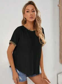 SHEIN Maternity Leopard Trim Waffle Knit Tee - Black - View 3