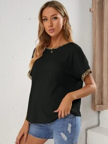 SHEIN Maternity Leopard Trim Waffle Knit Tee - Black - View 4