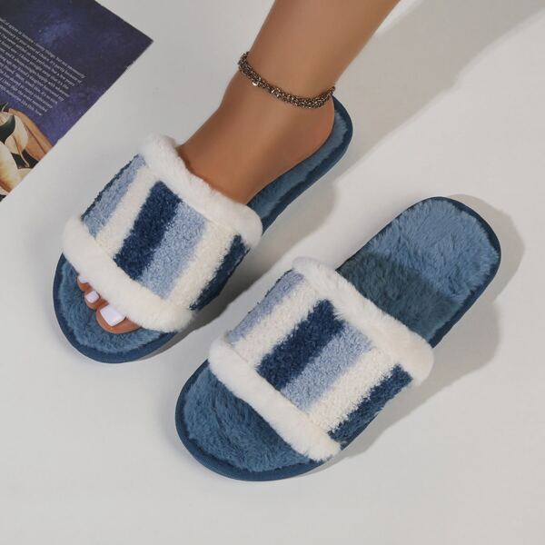 

Fuzzy Striped Pattern Slide Sandals, Royal blue