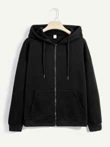 ROMWE Solid Zip Up Drawstring Hoodie - Black - View 1