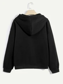ROMWE Solid Zip Up Drawstring Hoodie - Black - View 2