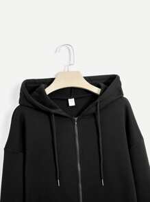 ROMWE Solid Zip Up Drawstring Hoodie - Black - View 3