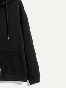 ROMWE Solid Zip Up Drawstring Hoodie - Black - View 4