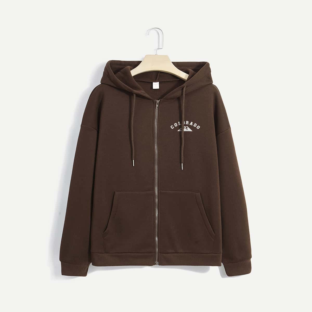 

Letter Graphic Zip Up Drawstring Hoodie, Chocolate brown
