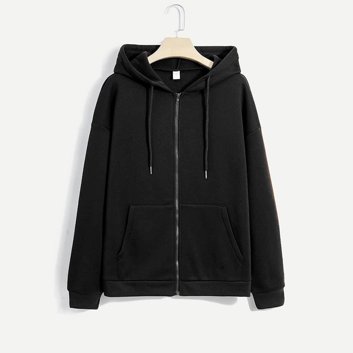 

Solid Zip Up Drawstring Hoodie, Black