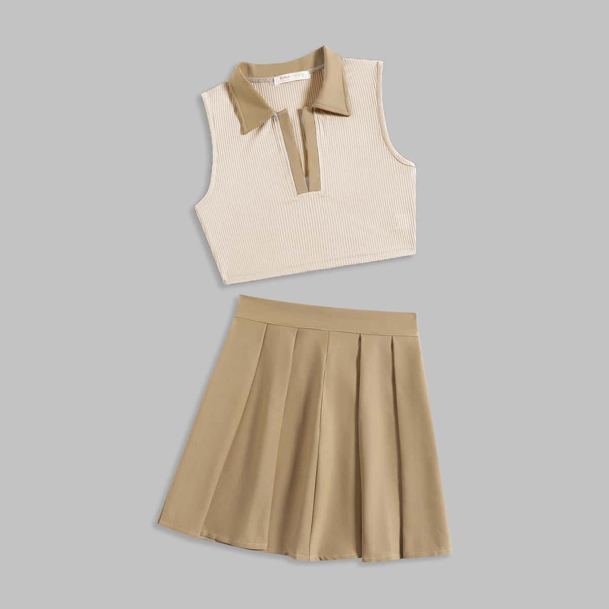 

Contrast Binding Tank Top & Pleated Skirt, Multicolor