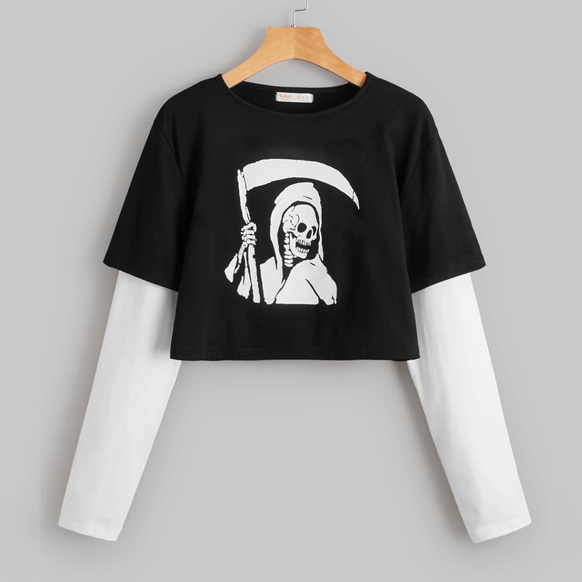 

Colorblock & Skeleton Print 2 In 1 Tee, Black