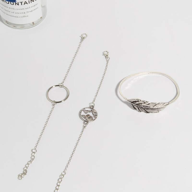 

3pcs Map & Leaf Decor Bracelet, Antique silver