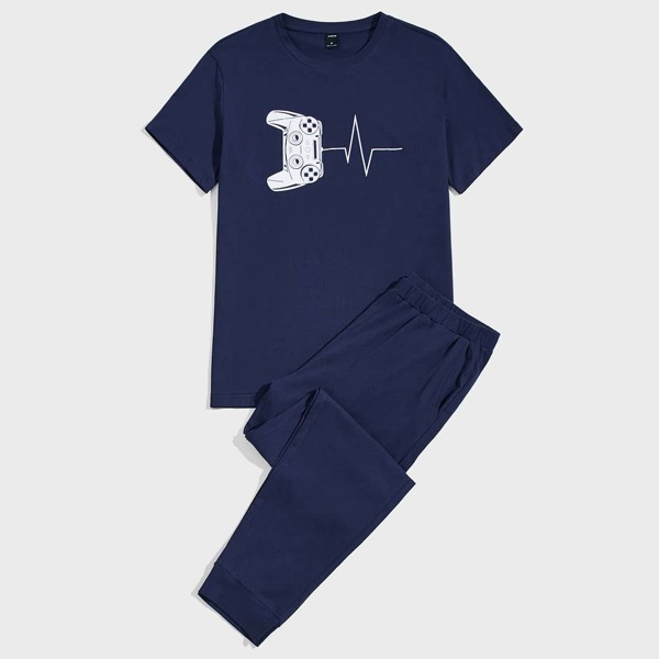 

Men Cartoon Graphic Tee & Sweatpants Lounge Set, Navy blue
