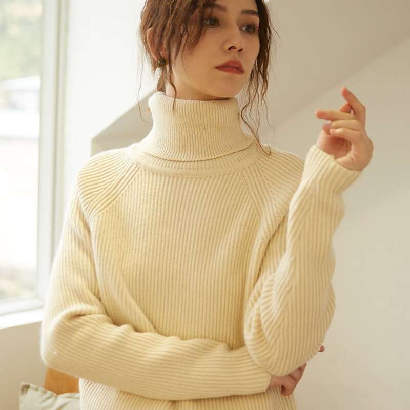 

High Neck Raglan Sleeve Sweater, Beige
