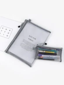 2pcs Plain Mesh Pencil Bag - Grey - View 1