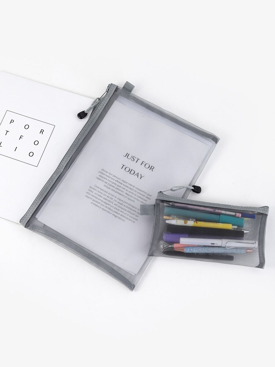 2pcs Plain Mesh Pencil Bag - Grey - View 1