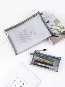 2pcs Plain Mesh Pencil Bag - Grey - View 2