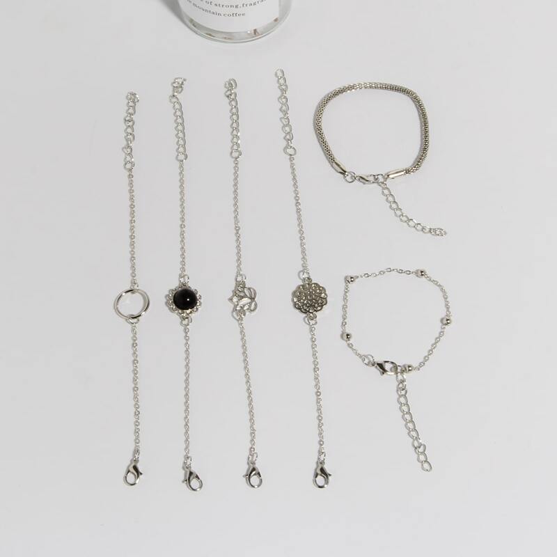 6pcs Floral Decor Chain Bracelet, Silver