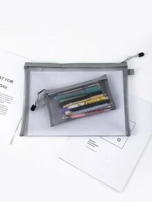 2pcs Plain Mesh Pencil Bag - Grey - View 3