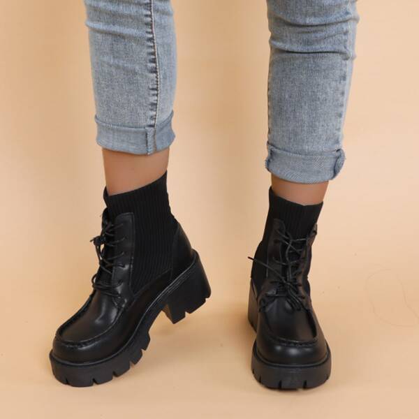 

Panel Detail Lace-up Front Wedge Combat Boots, Black