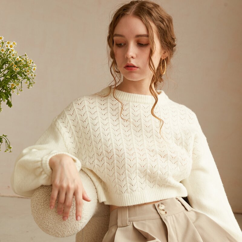 

Drop Shoulder Pointelle Knit Sweater, Beige