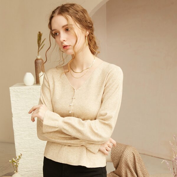 

V-neck Flounce Sleeve Ruffle Hem Sweater, Apricot