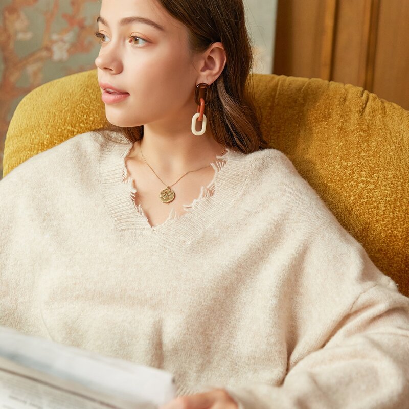 

Drop Shoulder Distressed Sweater, Apricot