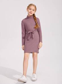 SHEIN Đầm Gái Thắt lưng màu trơn Ăn mặc đẹp - Bụi hồng - Xem 3