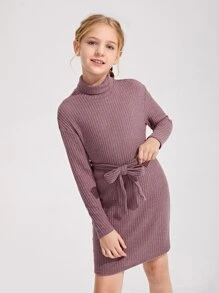 SHEIN Đầm Gái Thắt lưng màu trơn Ăn mặc đẹp - Bụi hồng - Xem 4