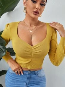 SHEIN SXY Ruched Ribbed Knit Sweater - Yellow - View 1