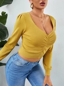 SHEIN SXY Ruched Ribbed Knit Sweater - Yellow - View 3