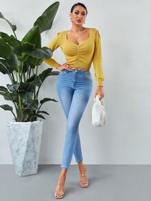SHEIN SXY Ruched Ribbed Knit Sweater - Yellow - View 4