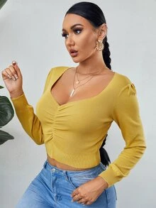 SHEIN SXY Ruched Ribbed Knit Sweater - Yellow - View 5