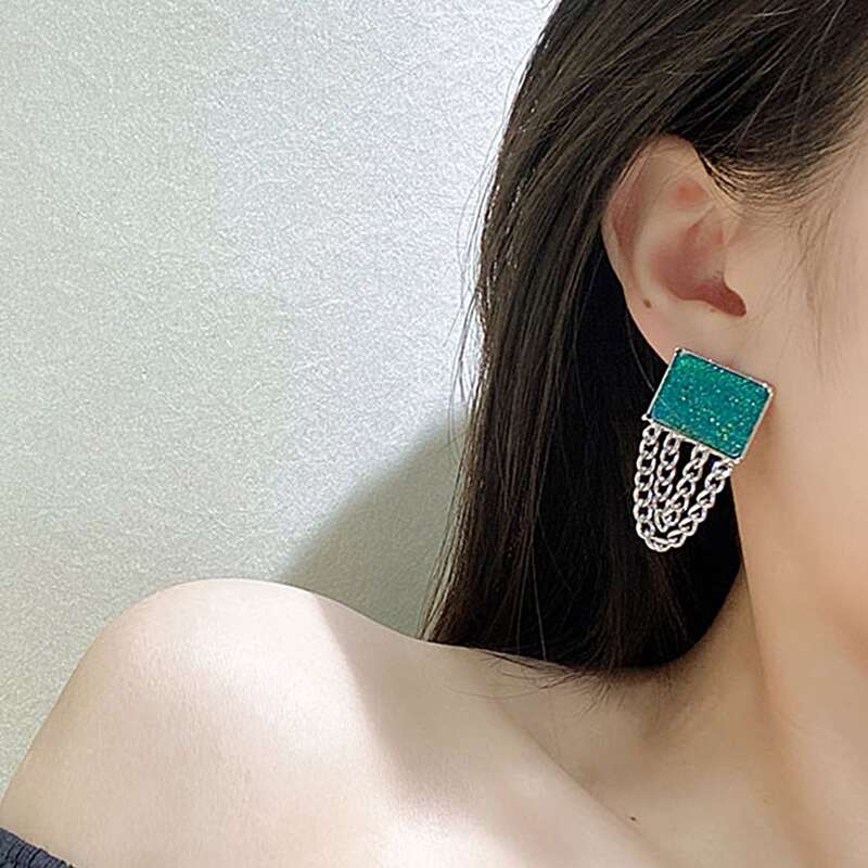 

Geo Design Chain Earrings, Blue