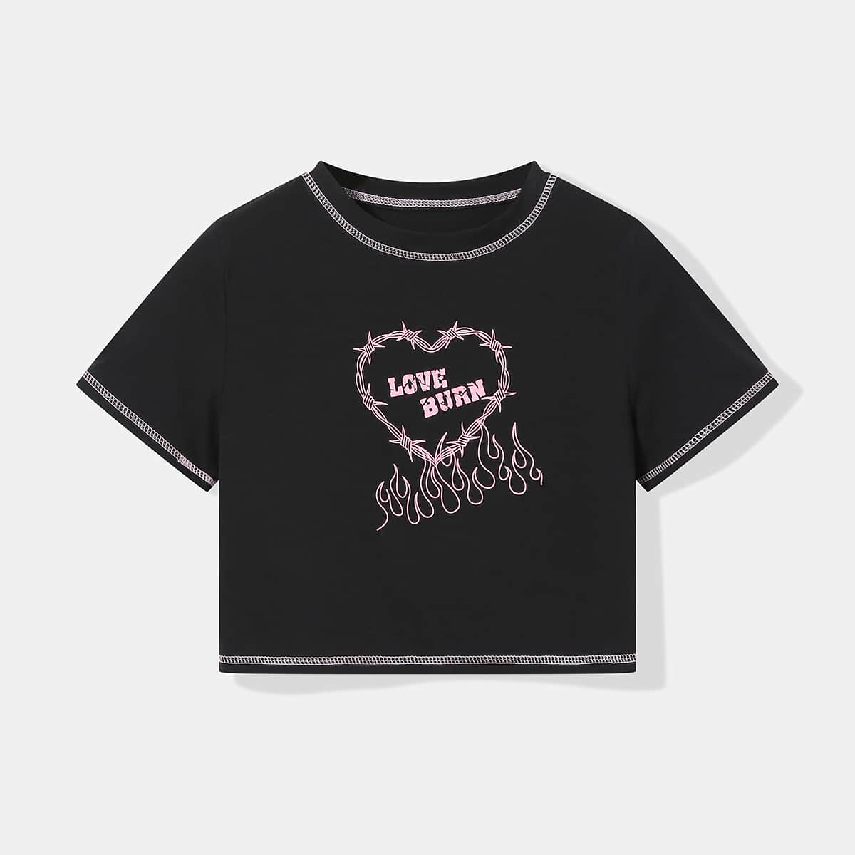 

Stitching Trim Letter Heart Graphic Crop Tee, Black
