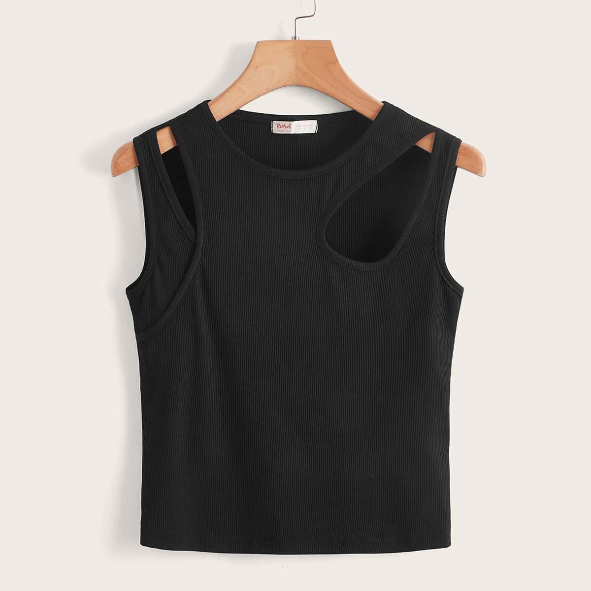 

Solid Cut Out Ribbed Tank Top, Black