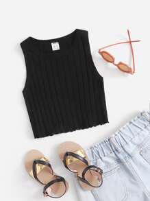 SHEIN 女孩生菜邊羅紋針織背心上衣 - 黑色 - 查看 1