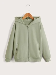 SHEIN Tween Girl Long Sleeve Solid Knit Hooded Sweatshirt - Green - View 1