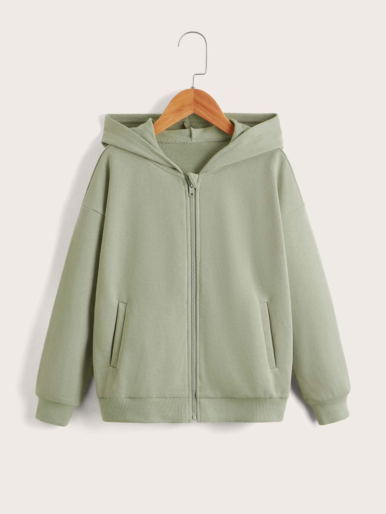 SHEIN Tween Girl Long Sleeve Solid Knit Hooded Sweatshirt - Green - View 1