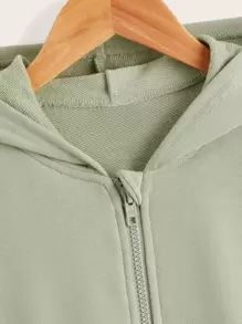 SHEIN Tween Girl Long Sleeve Solid Knit Hooded Sweatshirt - Green - View 4