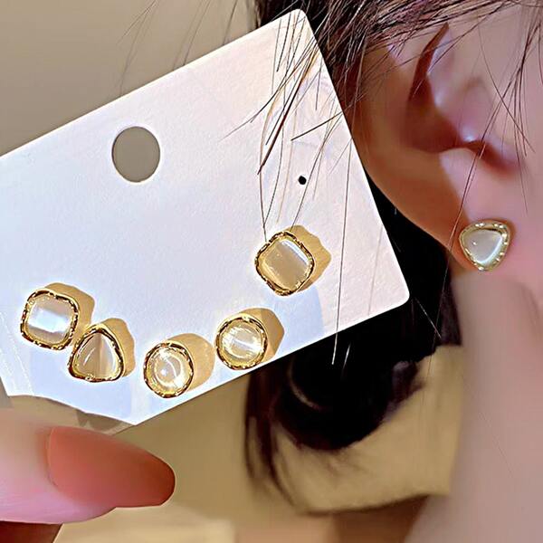 

3pairs Geometric Stud Earrings, Gold